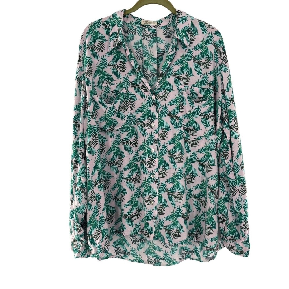 Just Living Blouse Tropical Leaf Print Button Up Long Sleeve Lightweight‎ Resort